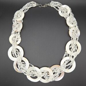 Multi Strand Beaded Necklace Mother of Pearl Circles White Seed Beads Handmade